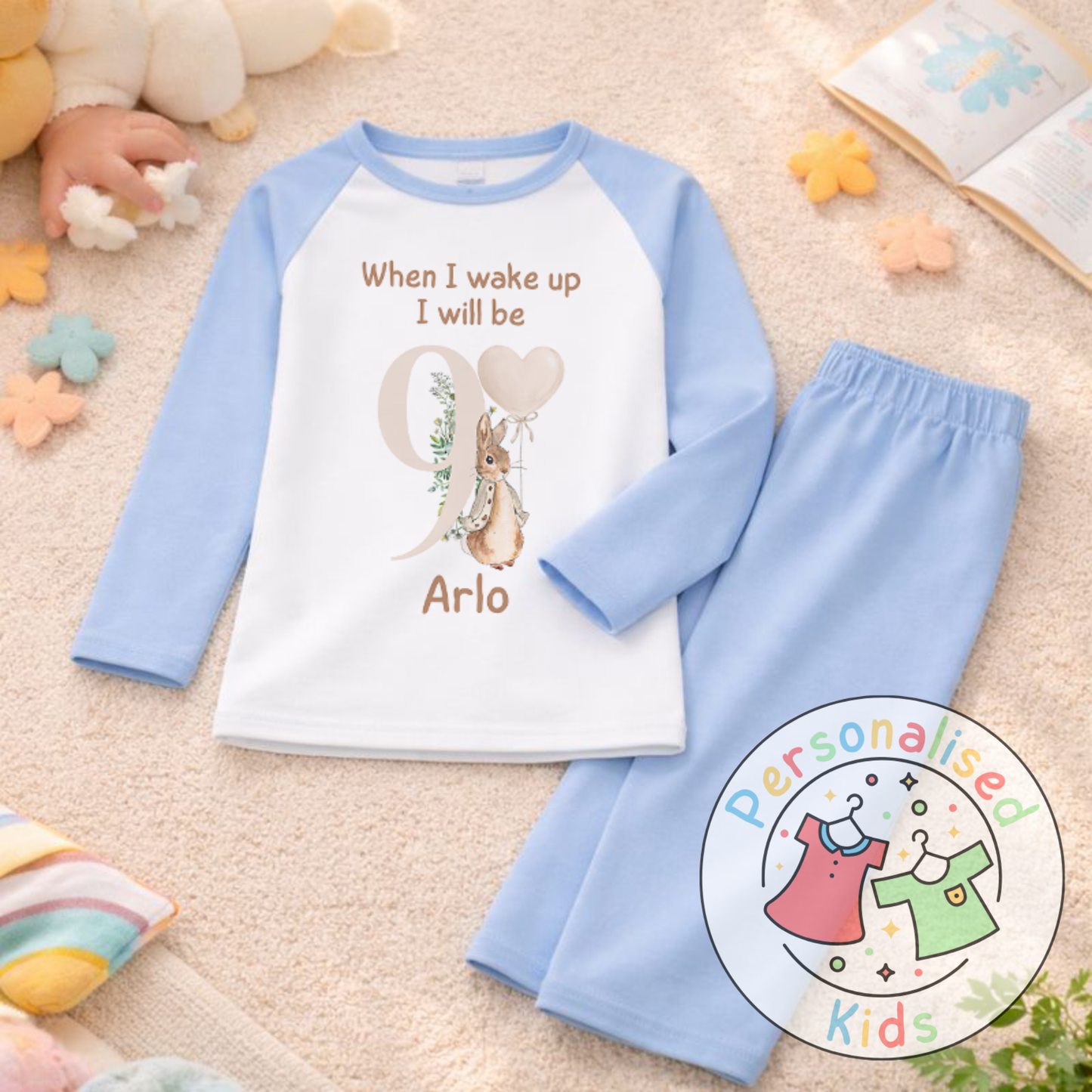 Personalised Neutral Floppy Rabbit Birthday Pyjamas