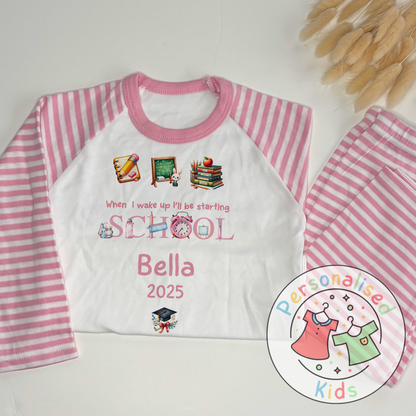 Personalised “When I Wake Up I Will Be Starting School” Pyjamas – Pink Stationery Theme