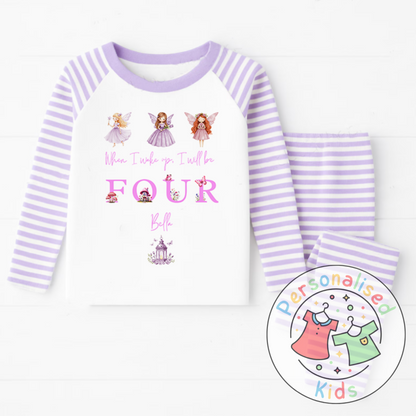 Personalised Fairy Birthday Pyjamas – “When I Wake Up, I Will Be” Design - purple words