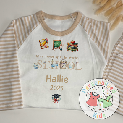 Personalised “When I Wake Up I Will Be Starting School” Pyjamas – Beige Stationery Theme