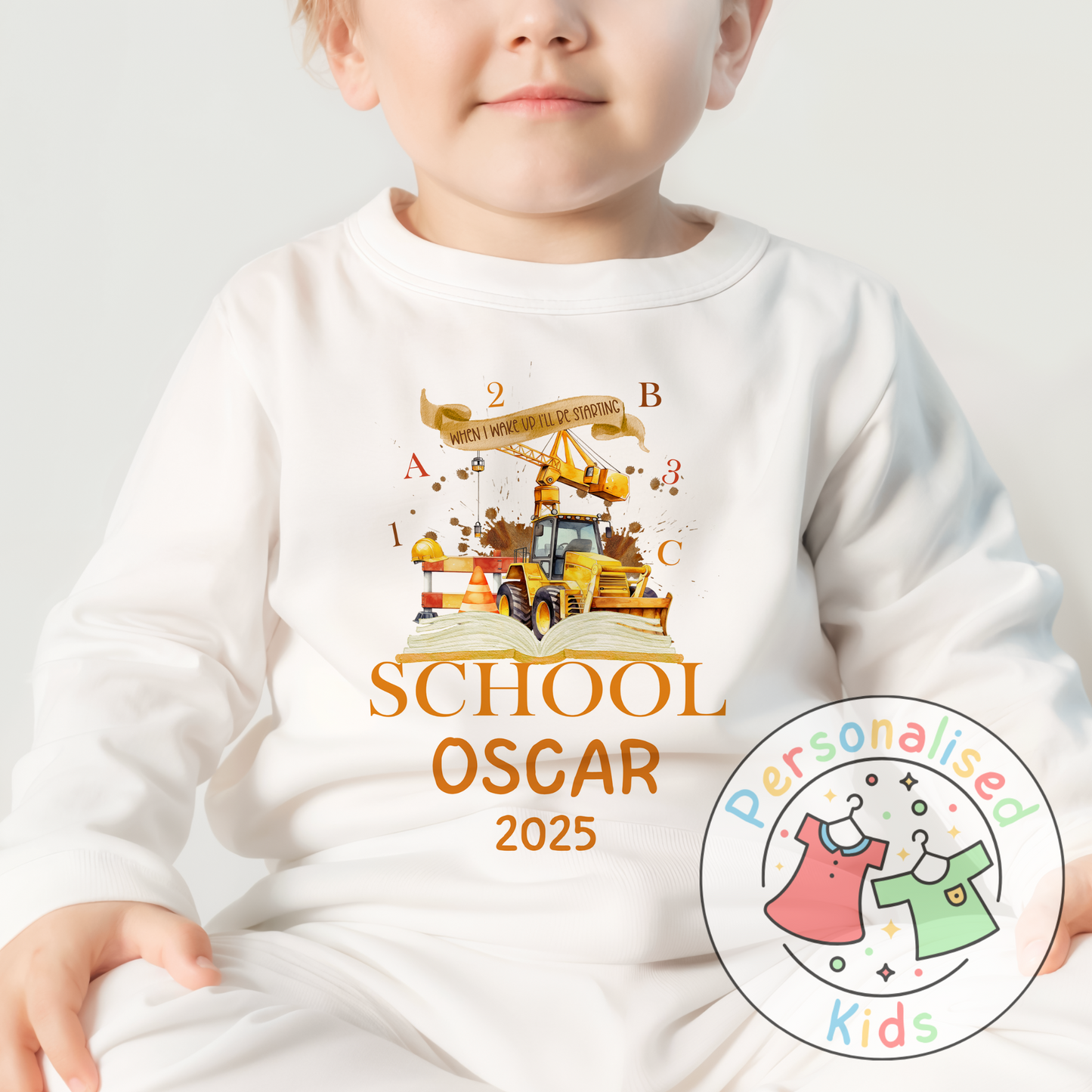 Personalised “When I Wake Up I Will Be Starting” Pyjamas – School & Digger Themed