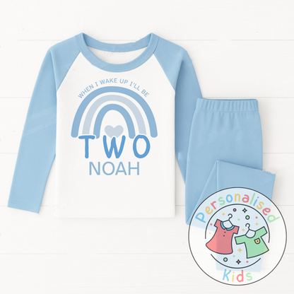Personalised Blue Rainbow Birthday Pyjamas – “When I Wake Up, I Will Be” Design