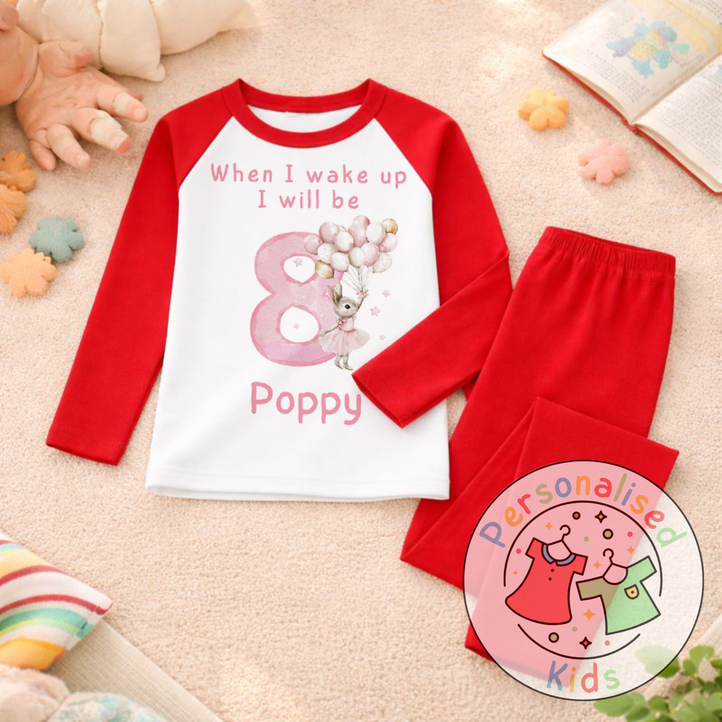 Personalised "When I Wake Up, I Will Be" Pink Floppy Rabbit Birthday Pyjamas – Custom Age & Name