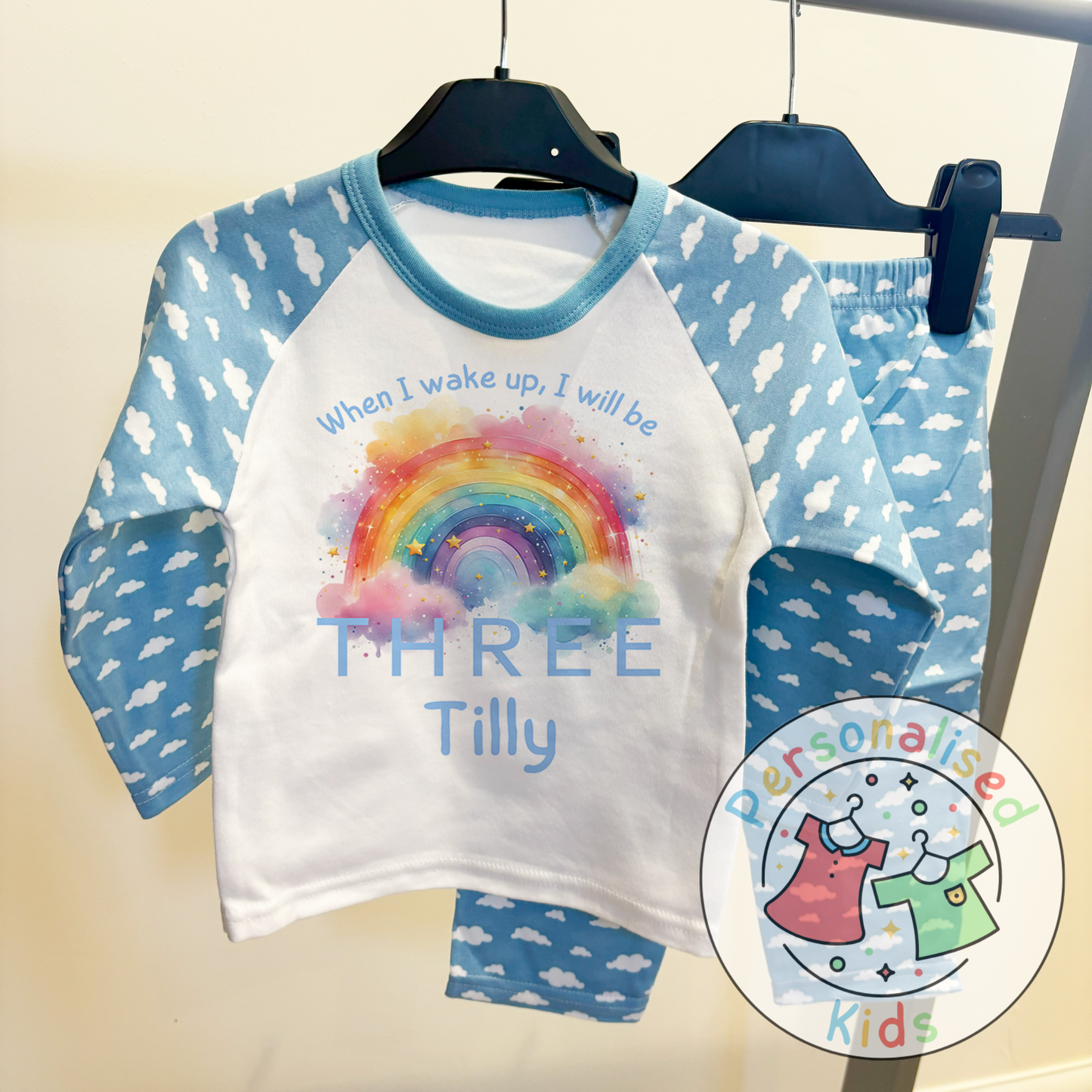🌈 Personalised Colorful Rainbow "When I Wake Up I Will Be" Birthday Pyjamas – Custom Age & Name 🌟