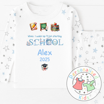 Personalised “When I Wake Up I Will Be Starting School” Pyjamas – Blue Stationery Theme