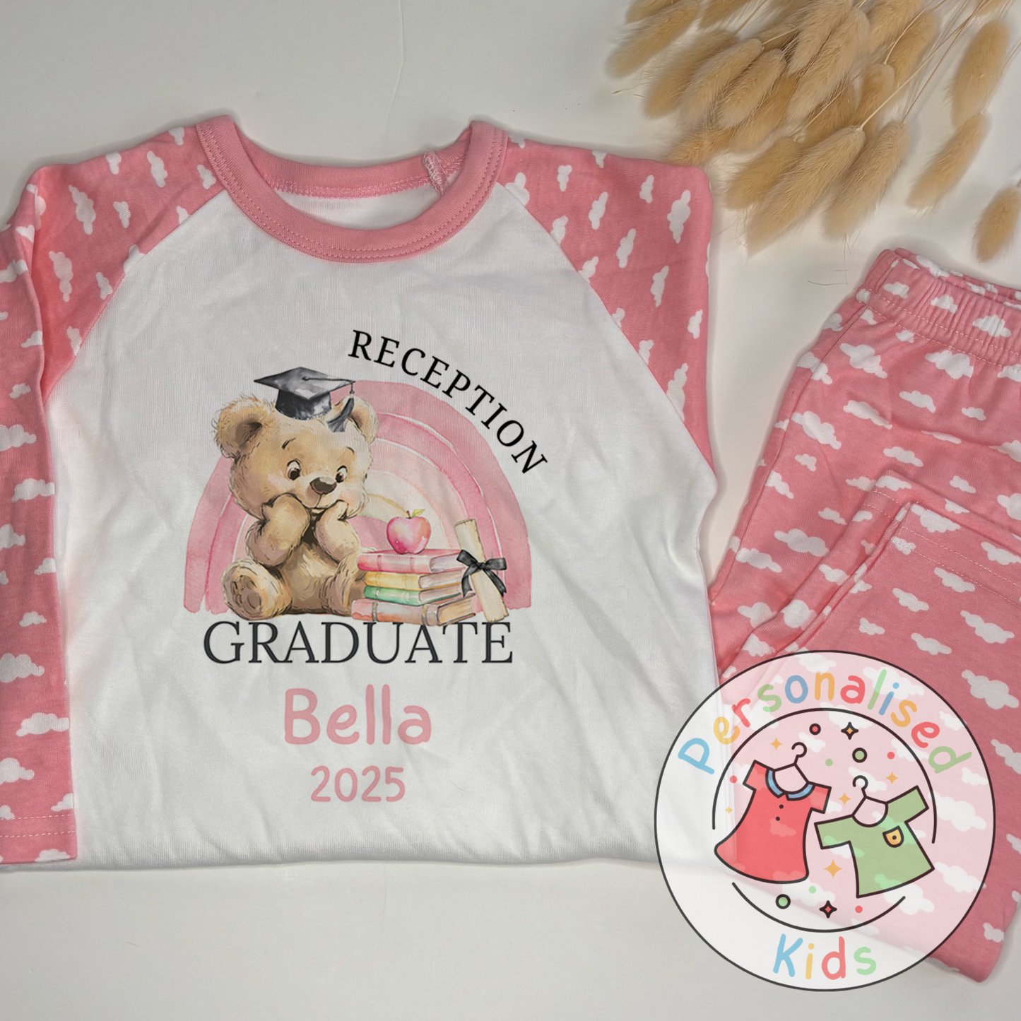 Personalised “GRADUATE” Pyjamas – Pink Rainbow & Bear Graduation Design