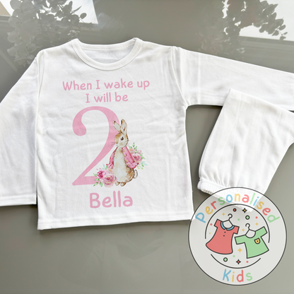 🐰 Personalised "When I Wake Up, I Will Be" Pink Floppy Rabbit Birthday Pyjamas – Custom Age & Name 🎈