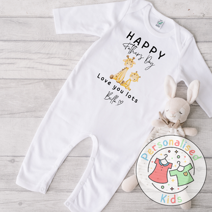 Personalised Father’s Day Baby Grow – Giraffe “Happy Father’s Day” Design