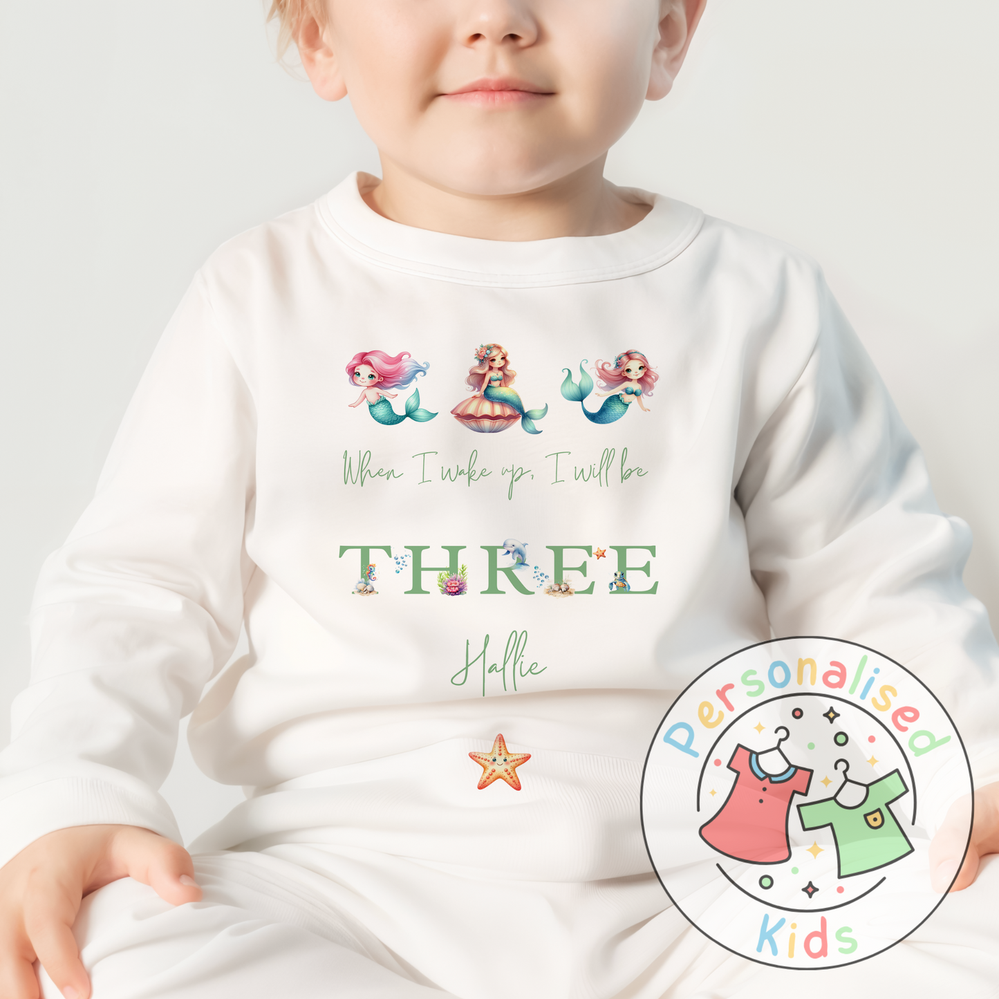 Personalised Mermaid Birthday Pyjamas – “When I Wake Up, I Will Be” Design GREEN WORD