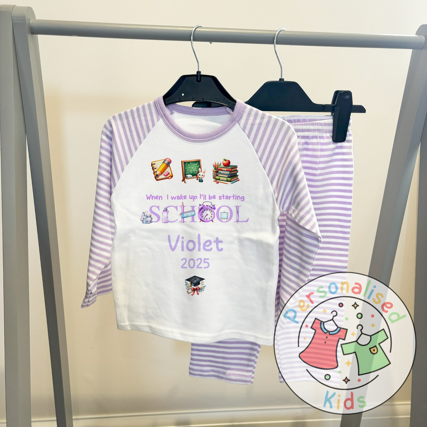 Personalised “When I Wake Up I Will Be Starting School” Pyjamas – Purple Stationery Theme