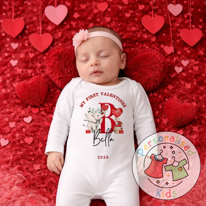 Personalised “My First Valentines” Baby Grow, Long-Sleeved Bodysuit and Romper V026