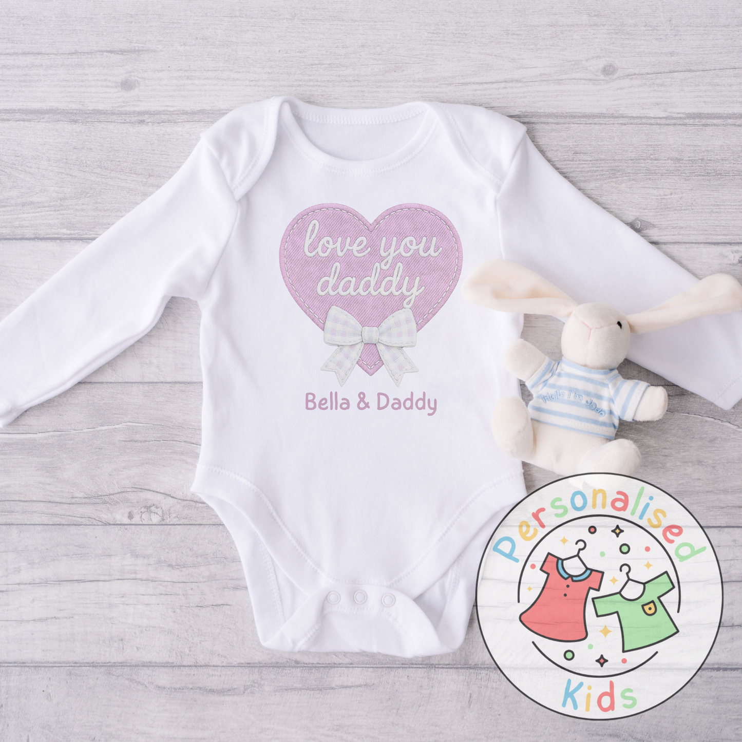 Personalised Father’s Day Baby Grow – “Love You Daddy” Embroidered-Style Heart Design
