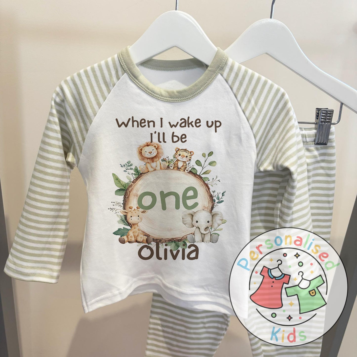 Personalised Safari Animals Birthday Pyjamas – “When I Wake Up I Will Be” Design