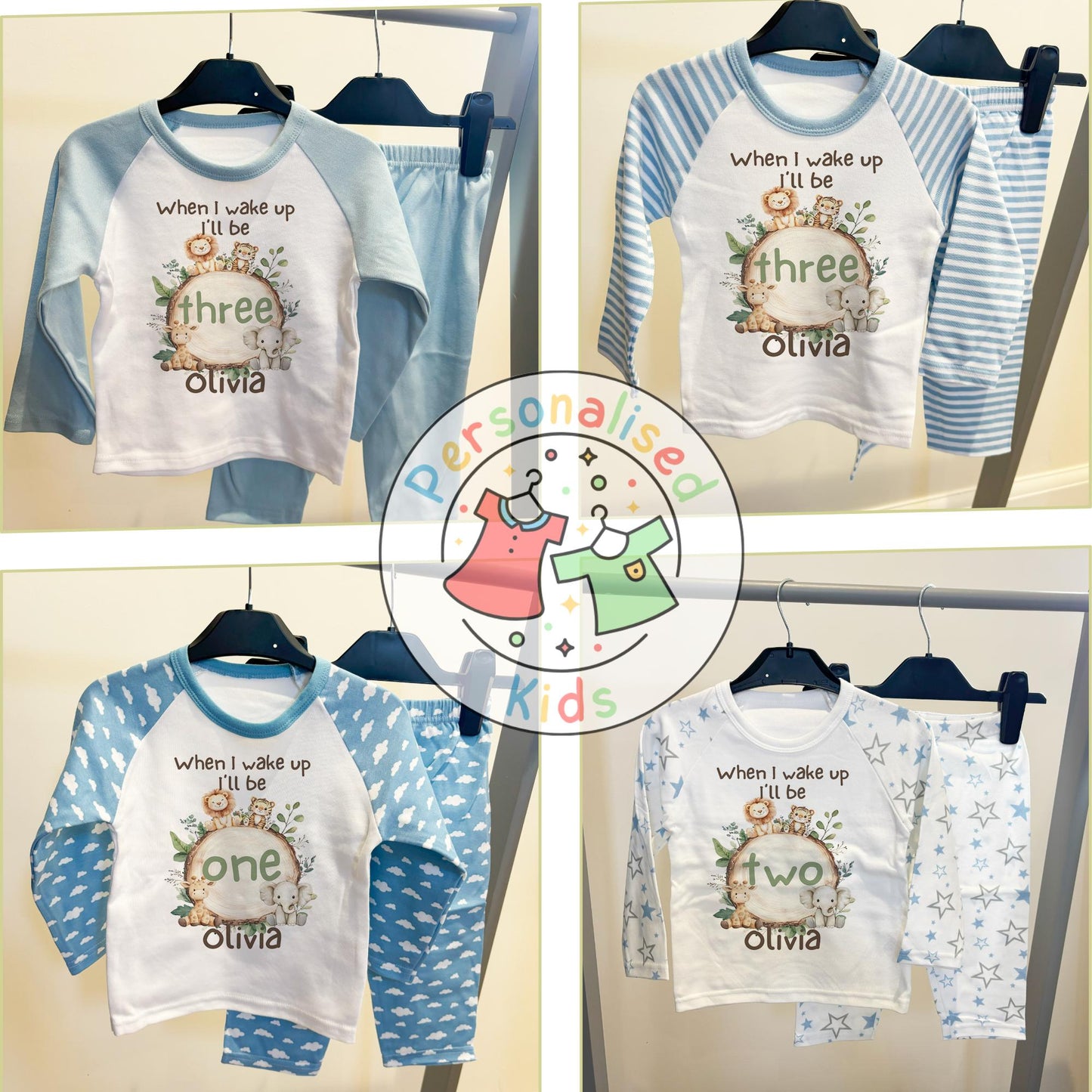 Personalised Safari Animals Birthday Pyjamas – “When I Wake Up I Will Be” Design