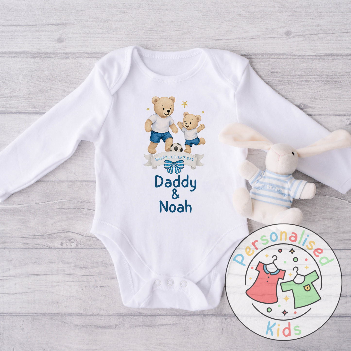 Personalised Father’s Day Baby Grow – Daddy & Me Teddy Bears Playing Football