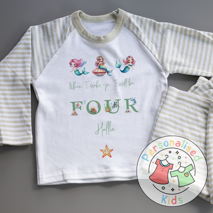 Personalised Mermaid Birthday Pyjamas – “When I Wake Up, I Will Be” Design GREEN WORD