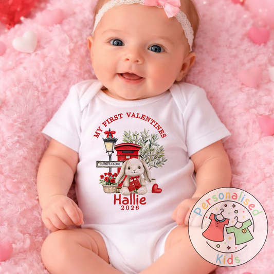 Personalised “My First Valentines” Baby Grow, Long-Sleeved Bodysuit and Romper V017