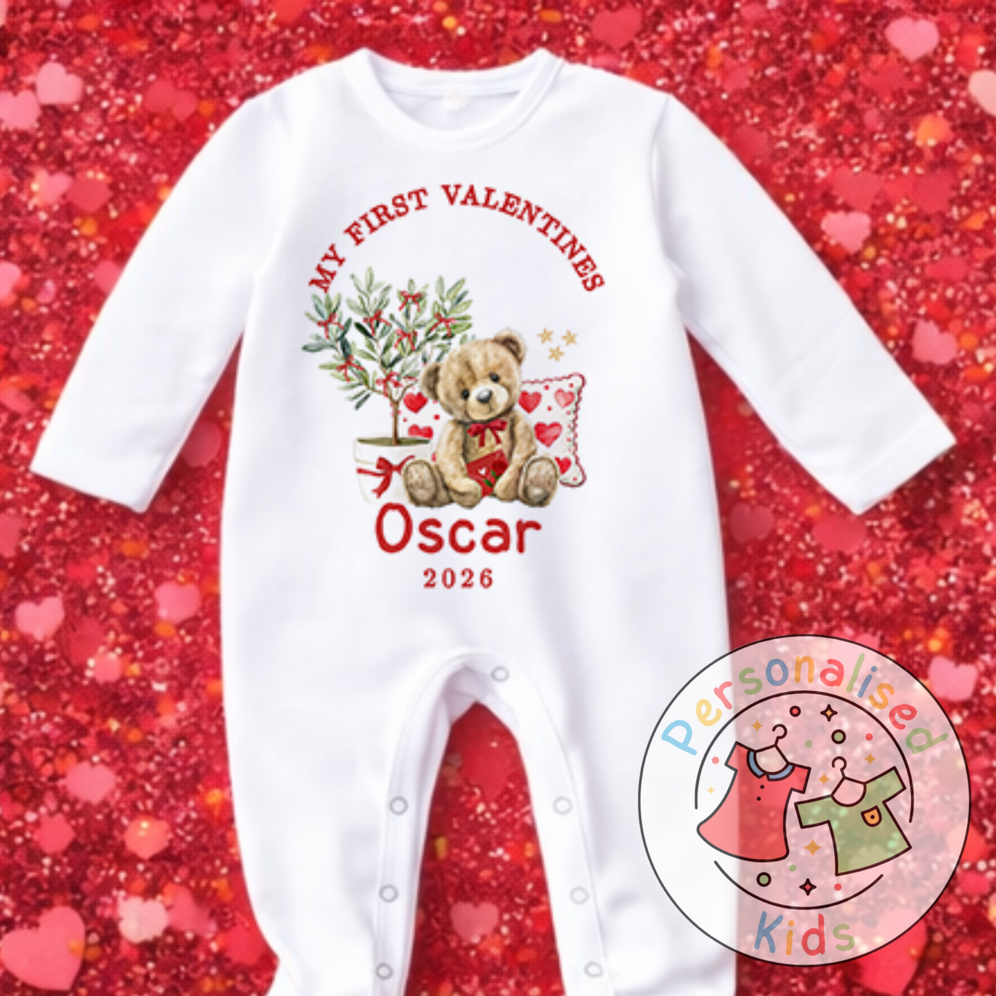 Personalised “My First Valentines” Baby Grow, T-Shirt, Long-Sleeved Bodysuit and Romper V019