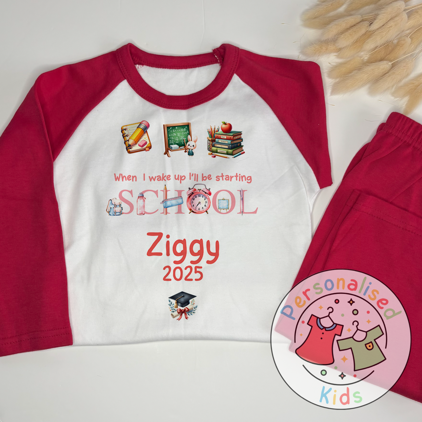 Personalised “When I Wake Up I Will Be Starting School” Pyjamas – Red Stationery Theme