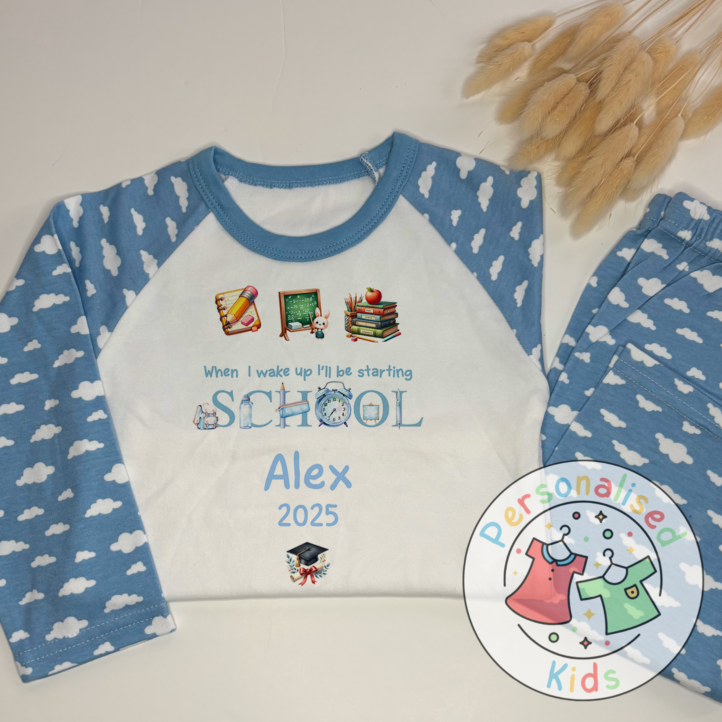 Personalised “When I Wake Up I Will Be Starting School” Pyjamas – Blue Stationery Theme