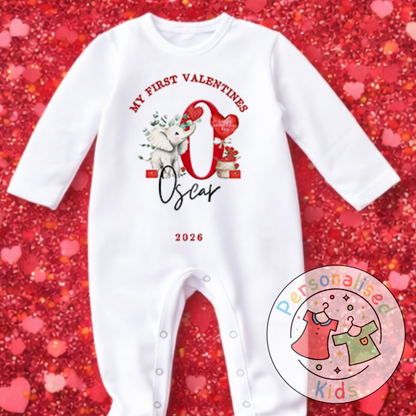 Personalised “My First Valentines” Baby Grow, T-Shirt, Long-Sleeved Bodysuit and Romper V026