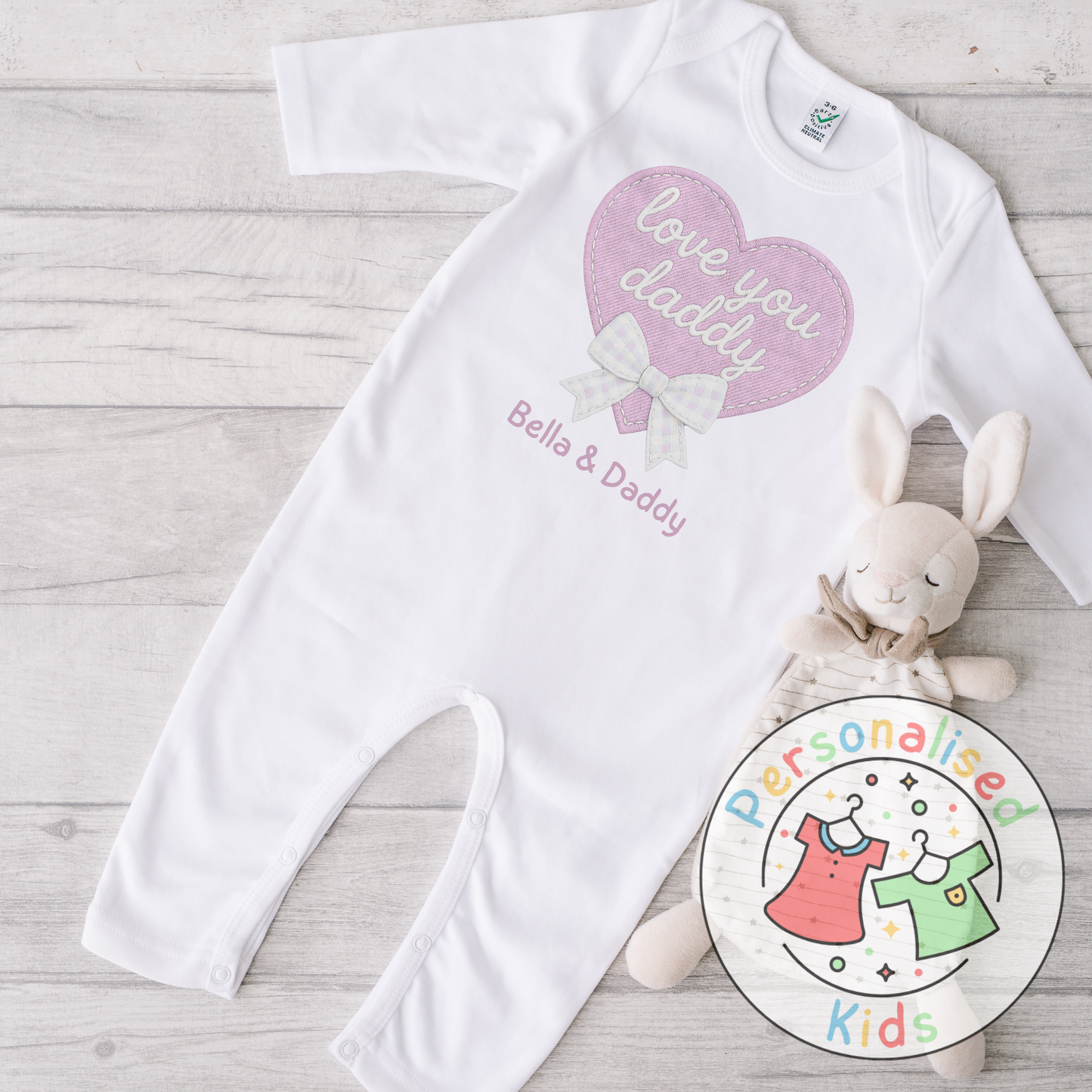 Personalised Father’s Day Baby Grow – “Love You Daddy” Embroidered-Style Heart Design