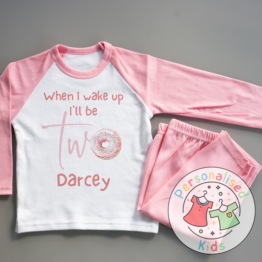 Personalised Donut Second Birthday Pyjamas – “When I Wake Up, I’ll Be Two” Design