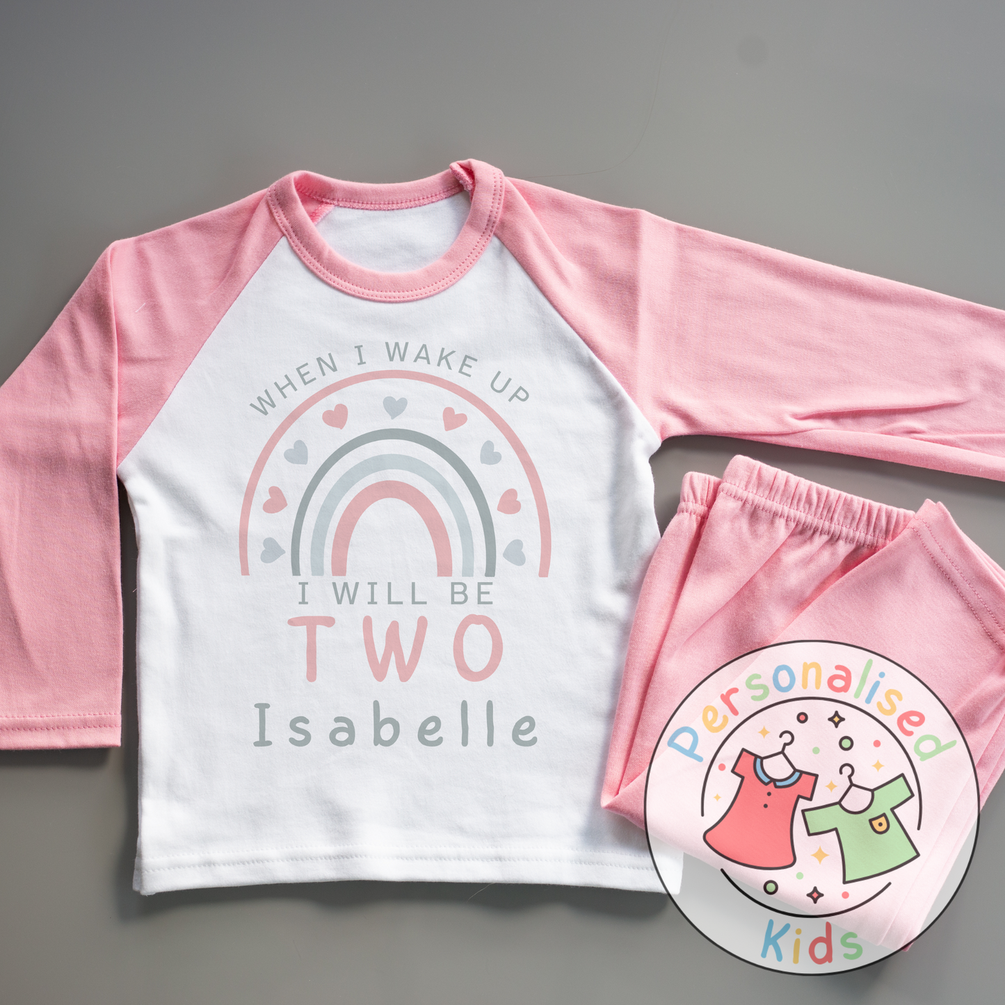 🌈 Personalised Pink & Grey Rainbow "When I Wake Up I Will Be" Birthday Pyjamas – Custom Age & Name 🌟