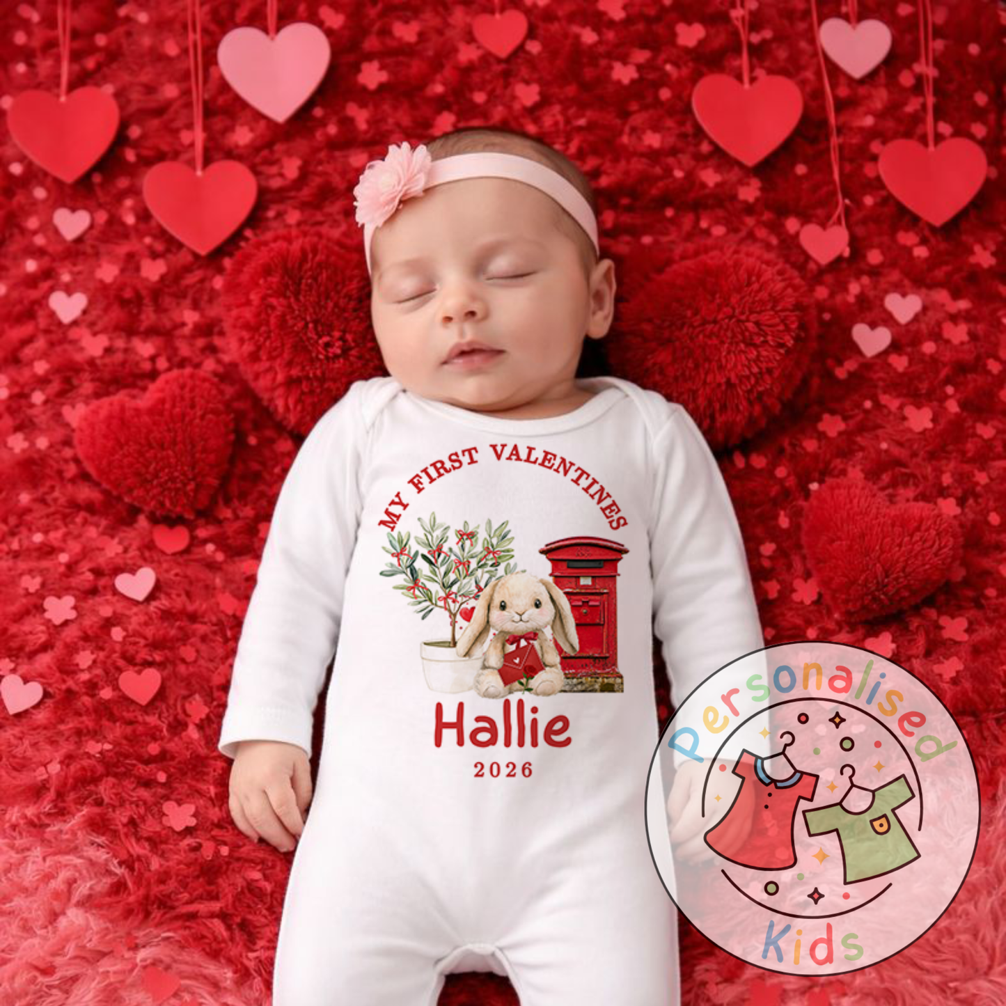 Personalised “My First Valentines” Baby Grow, Long-Sleeved Bodysuit and Romper V023