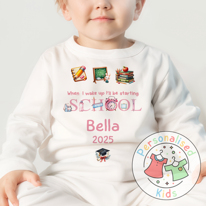 Personalised “When I Wake Up I Will Be Starting School” Pyjamas – Pink Stationery Theme
