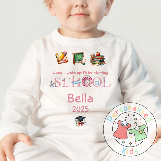 Personalised “When I Wake Up I Will Be Starting School” Pyjamas – Pink Stationery Theme