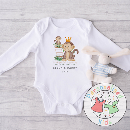 Personalised Father’s Day Baby Grow, bodysuits and romper - “Thank You for Stepping Up” Monkey Design