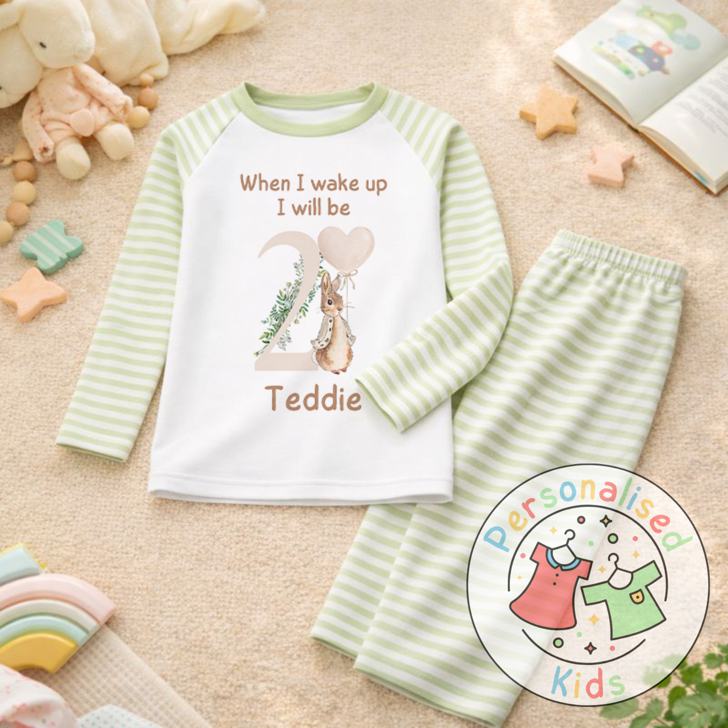 Personalised Neutral Floppy Rabbit Birthday Pyjamas