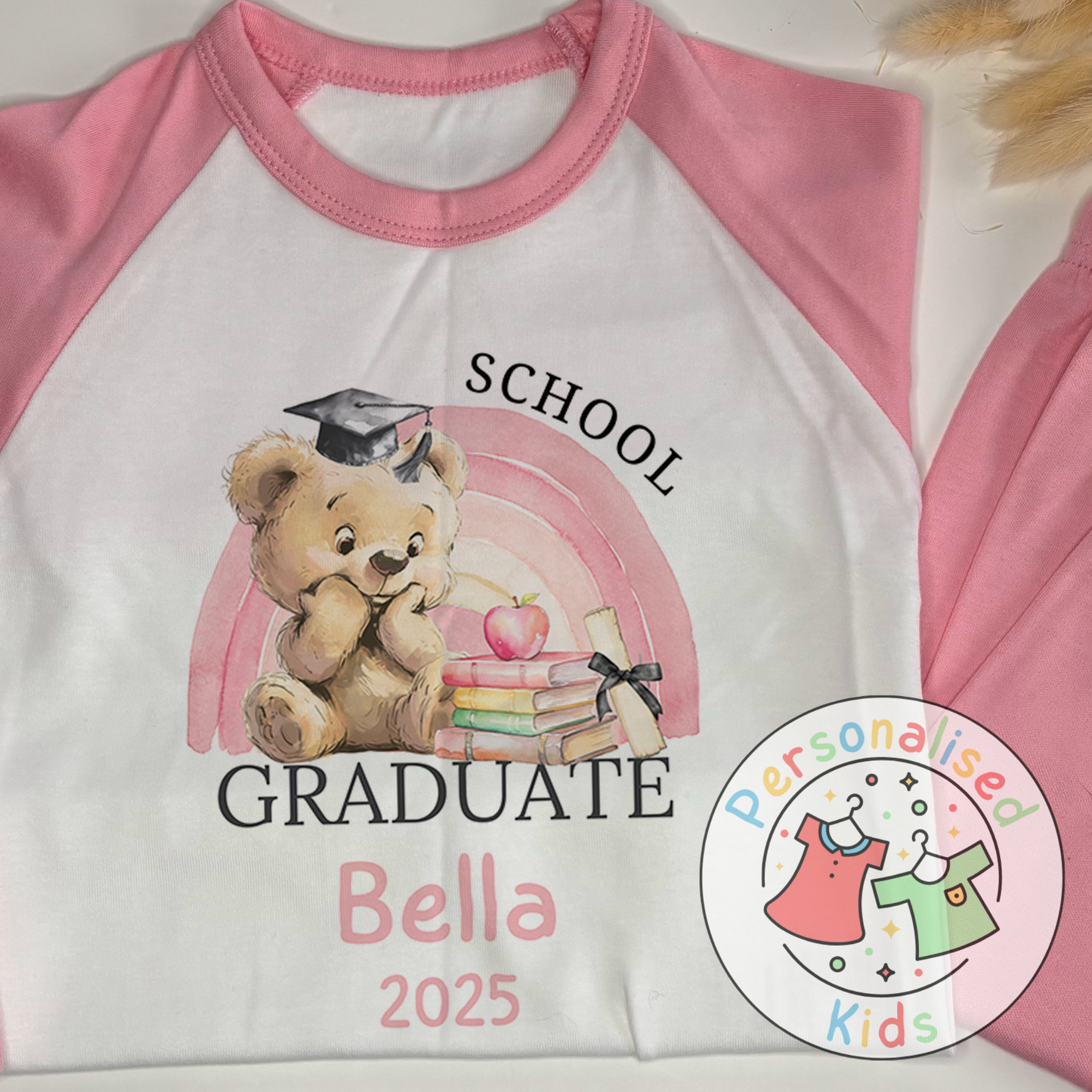 Personalised “GRADUATE” Pyjamas – Pink Rainbow & Bear Graduation Design