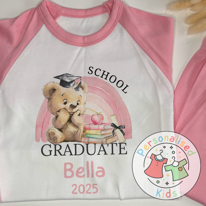 Personalised “GRADUATE” Pyjamas – Pink Rainbow & Bear Graduation Design