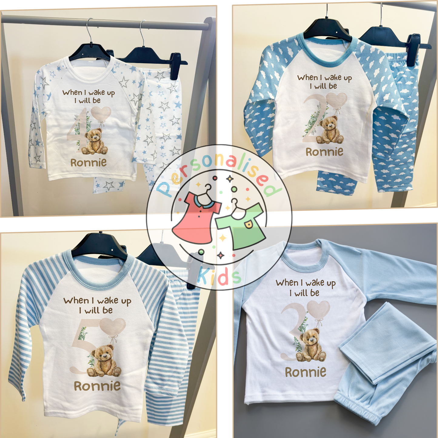 🧸 Personalised "When I Wake Up, I Will Be" Teddy Bear Birthday Pyjamas – Neutral Balloon Design 🎈