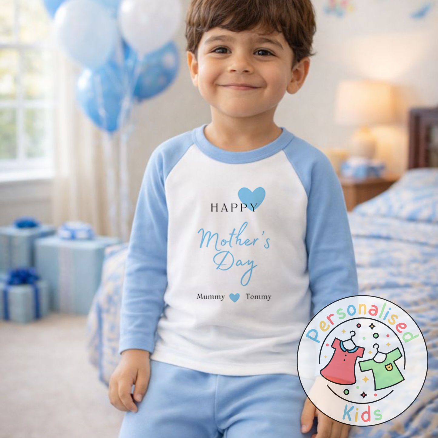 Personalised Mother’s Day Kids Pyjamas | Blue Heart Design | Custom Names MD002
