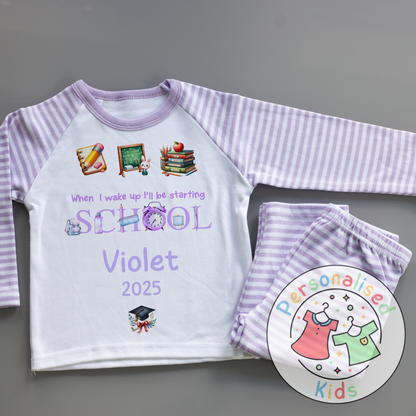 Personalised “When I Wake Up I Will Be Starting School” Pyjamas – Purple Stationery Theme