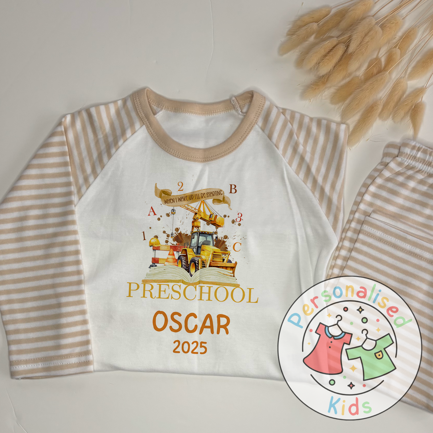Personalised “When I Wake Up I Will Be Starting” Pyjamas – School & Digger Themed