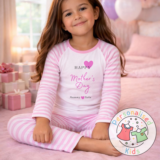 Personalised Mother’s Day Kids Pyjamas | Pink Heart Design | Custom Names MD003