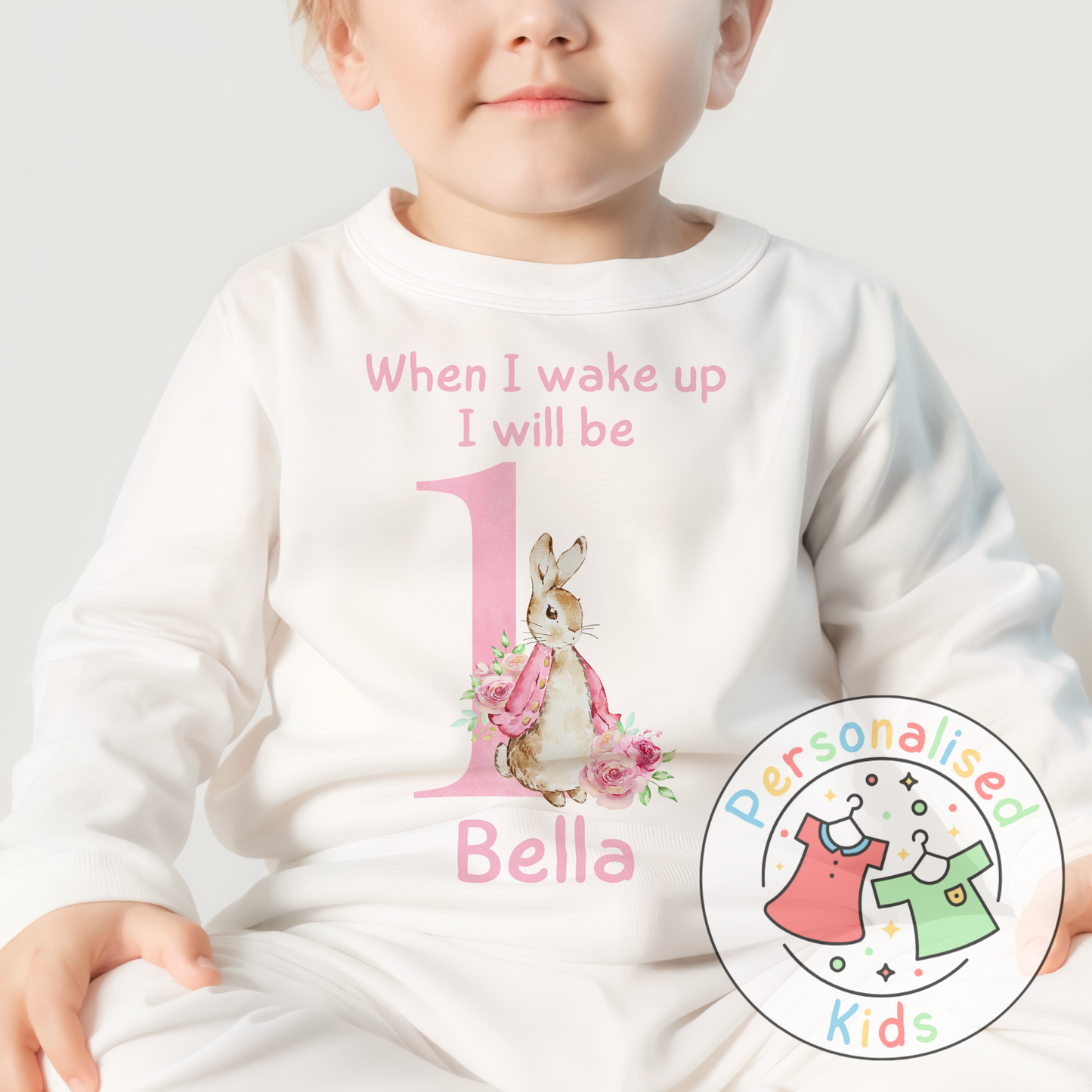 🐰 Personalised "When I Wake Up, I Will Be" Pink Floppy Rabbit Birthday Pyjamas – Custom Age & Name 🎈