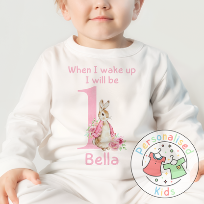 🐰 Personalised "When I Wake Up, I Will Be" Pink Floppy Rabbit Birthday Pyjamas – Custom Age & Name 🎈