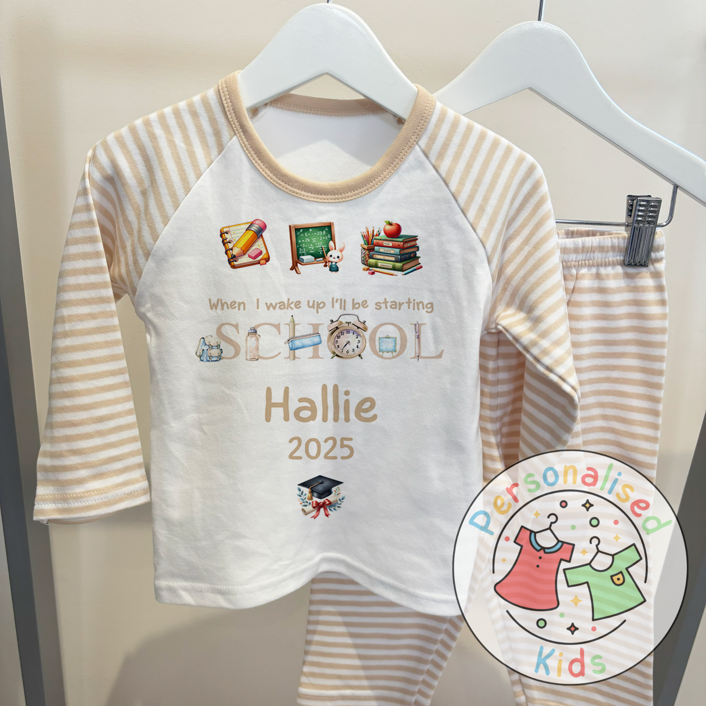 Personalised “When I Wake Up I Will Be Starting School” Pyjamas – Beige Stationery Theme