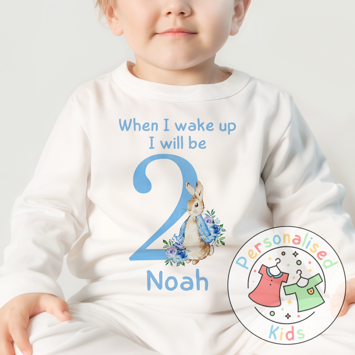 🐰 Personalised "When I Wake Up, I Will Be" Blue Floppy Rabbit Birthday Pyjamas – Custom Age & Name 🎈