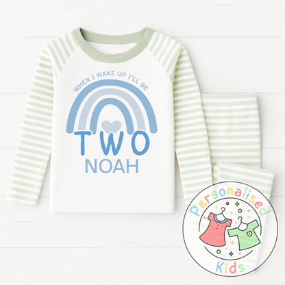 Personalised Blue Rainbow Birthday Pyjamas – “When I Wake Up, I Will Be” Design