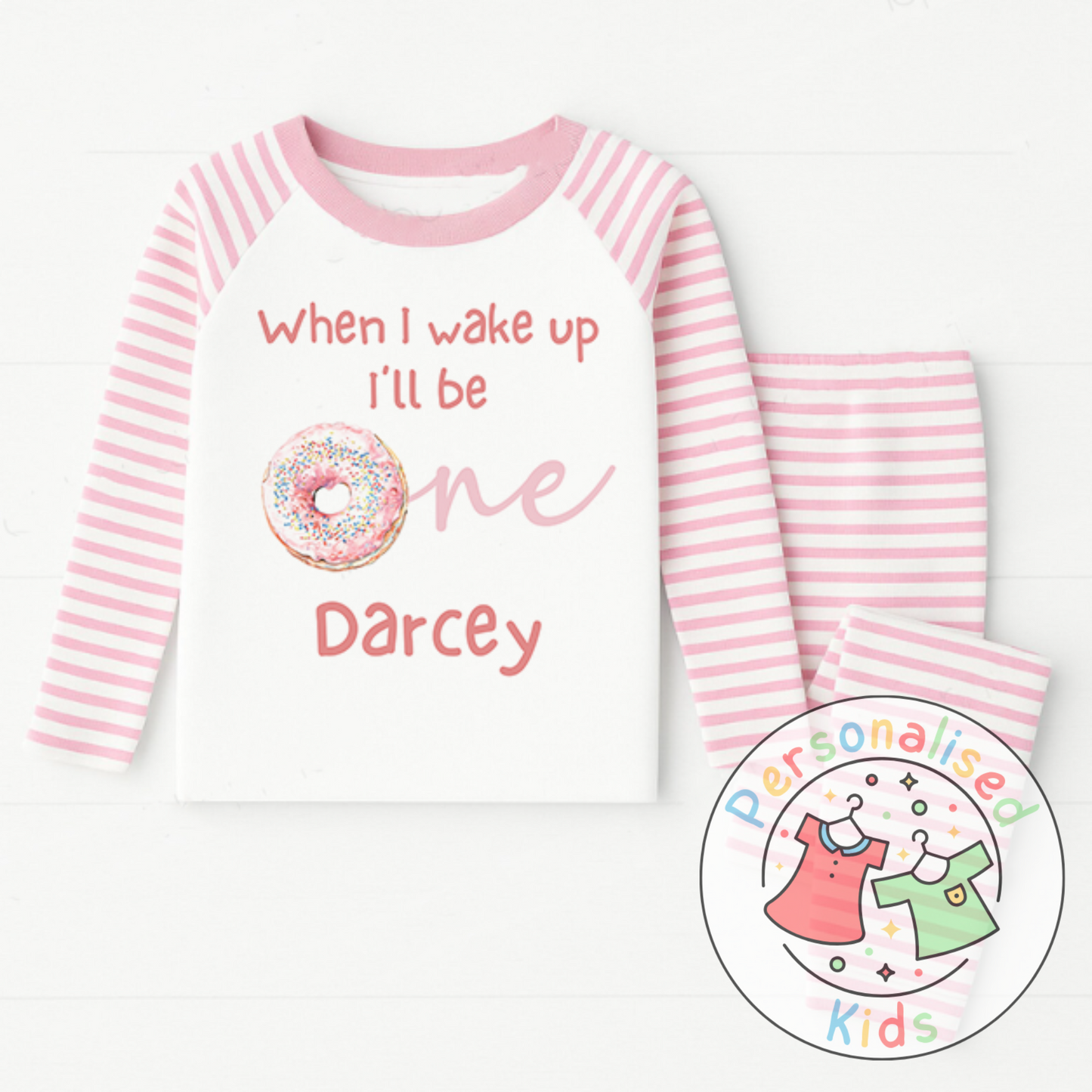 Personalised Donut First Birthday Pyjamas – “When I Wake Up, I’ll Be One” Design