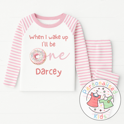 Personalised Donut First Birthday Pyjamas – “When I Wake Up, I’ll Be One” Design