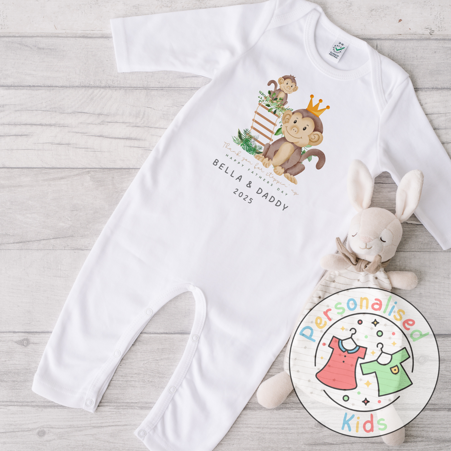 Personalised Father’s Day Baby Grow, bodysuits and romper - “Thank You for Stepping Up” Monkey Design