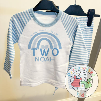 Personalised Blue Rainbow Birthday Pyjamas – “When I Wake Up, I Will Be” Design