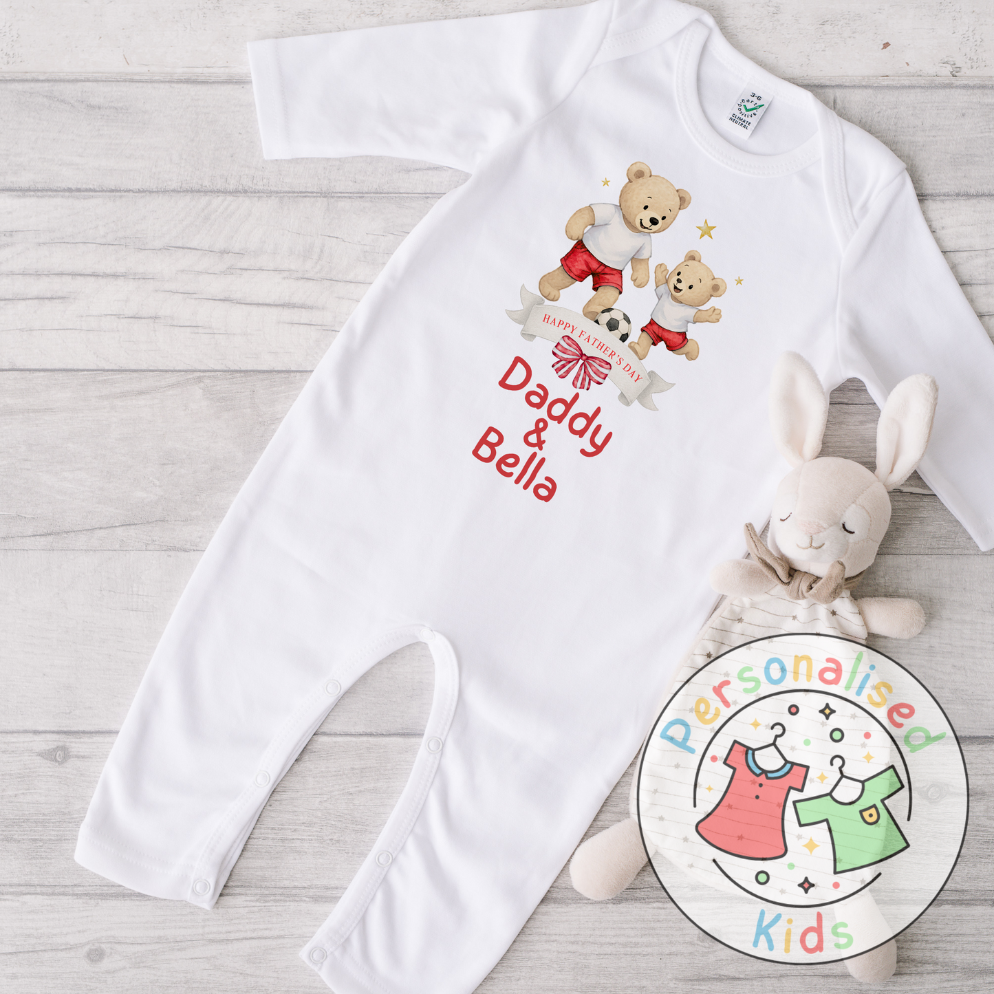 Personalised Father’s Day Baby Grow – Daddy & Me Teddy Bears Playing Football